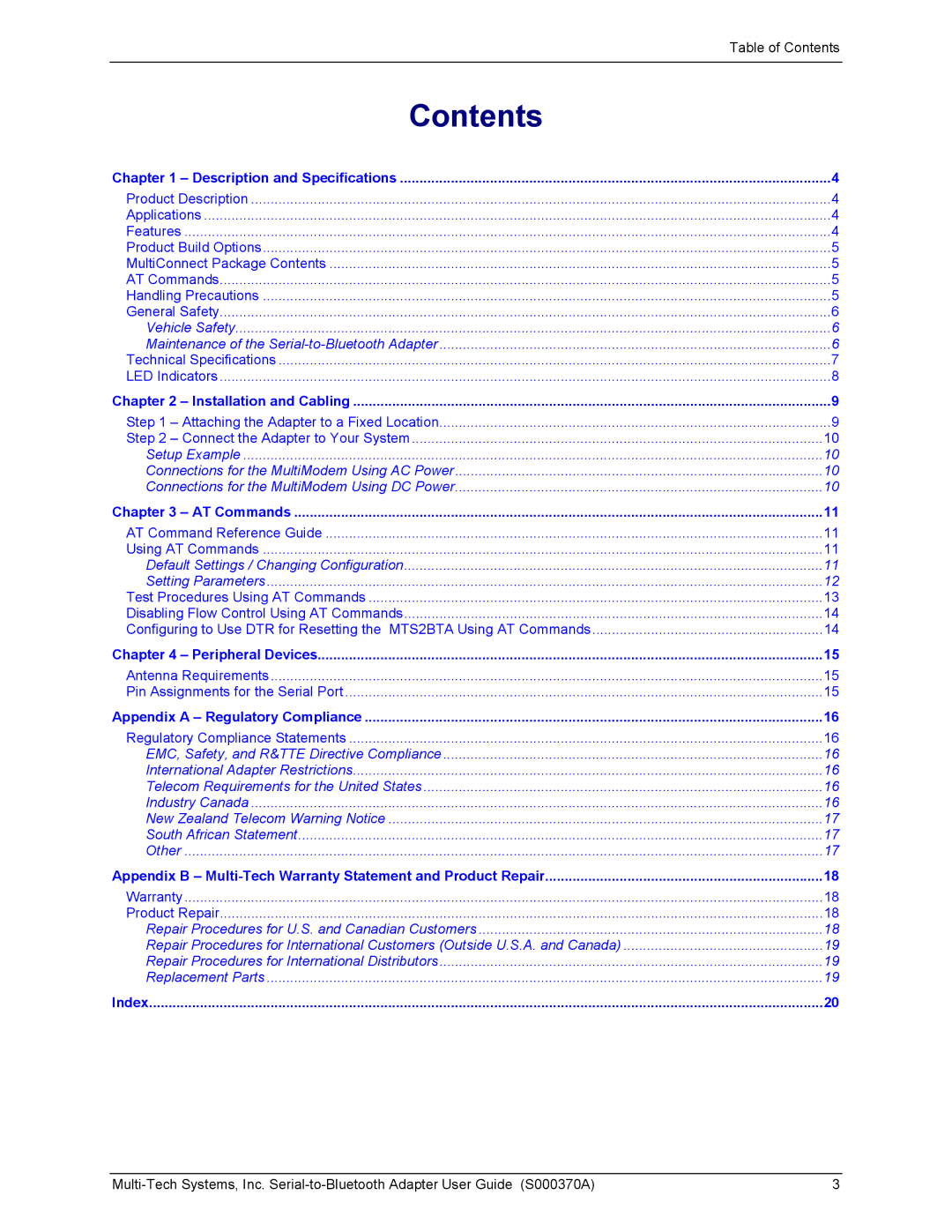 Multi-Tech Systems MTS2BTA manual Contents 