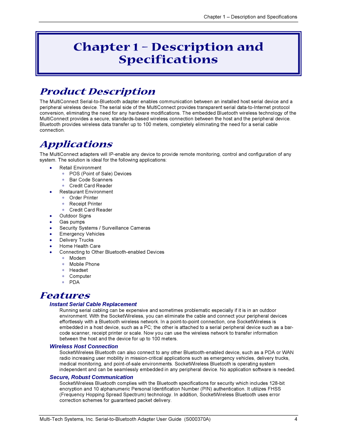 Multi-Tech Systems MTS2BTA manual Description Specifications, Product Description, Applications, Features 