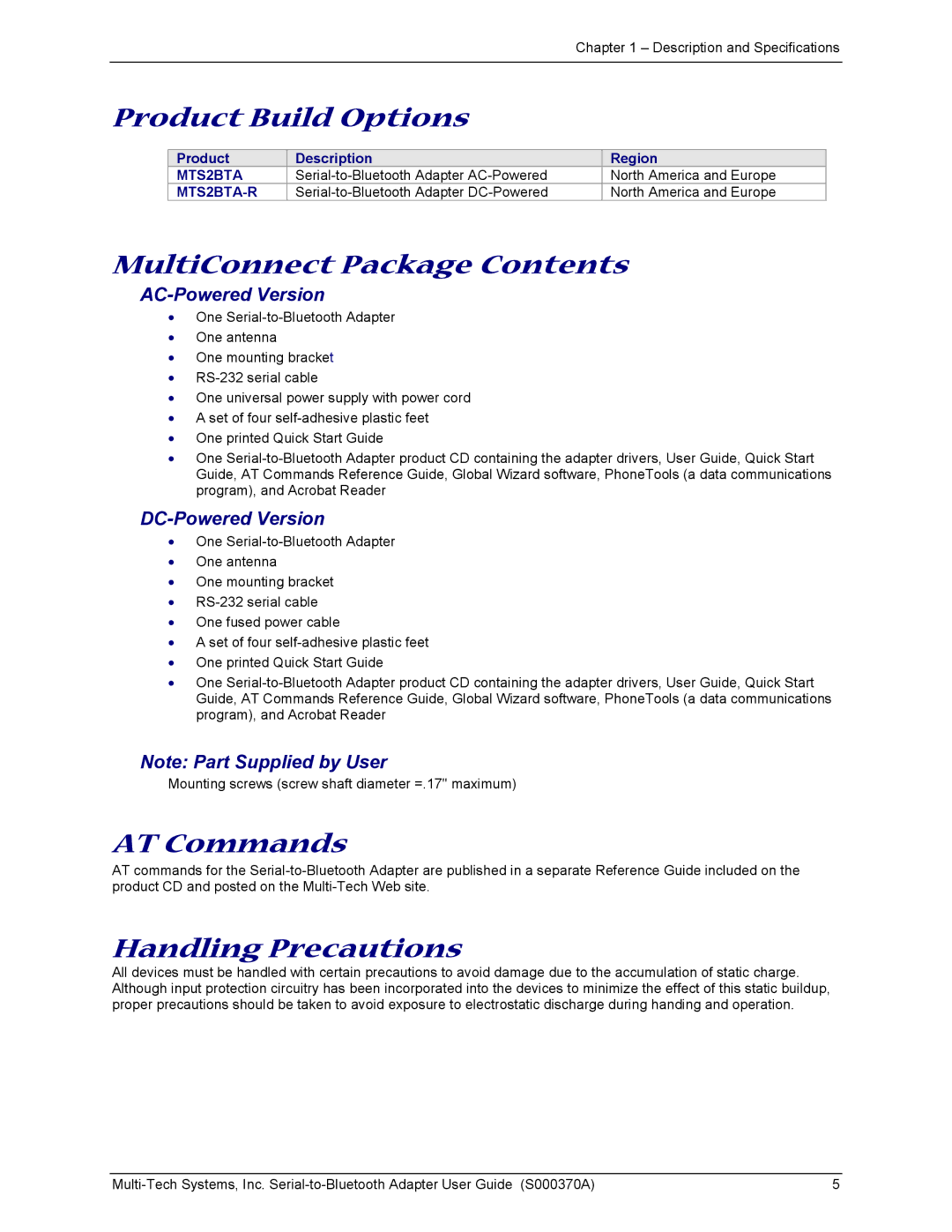 Multi-Tech Systems MTS2BTA manual Product Build Options, MultiConnect Package Contents, AT Commands, Handling Precautions 