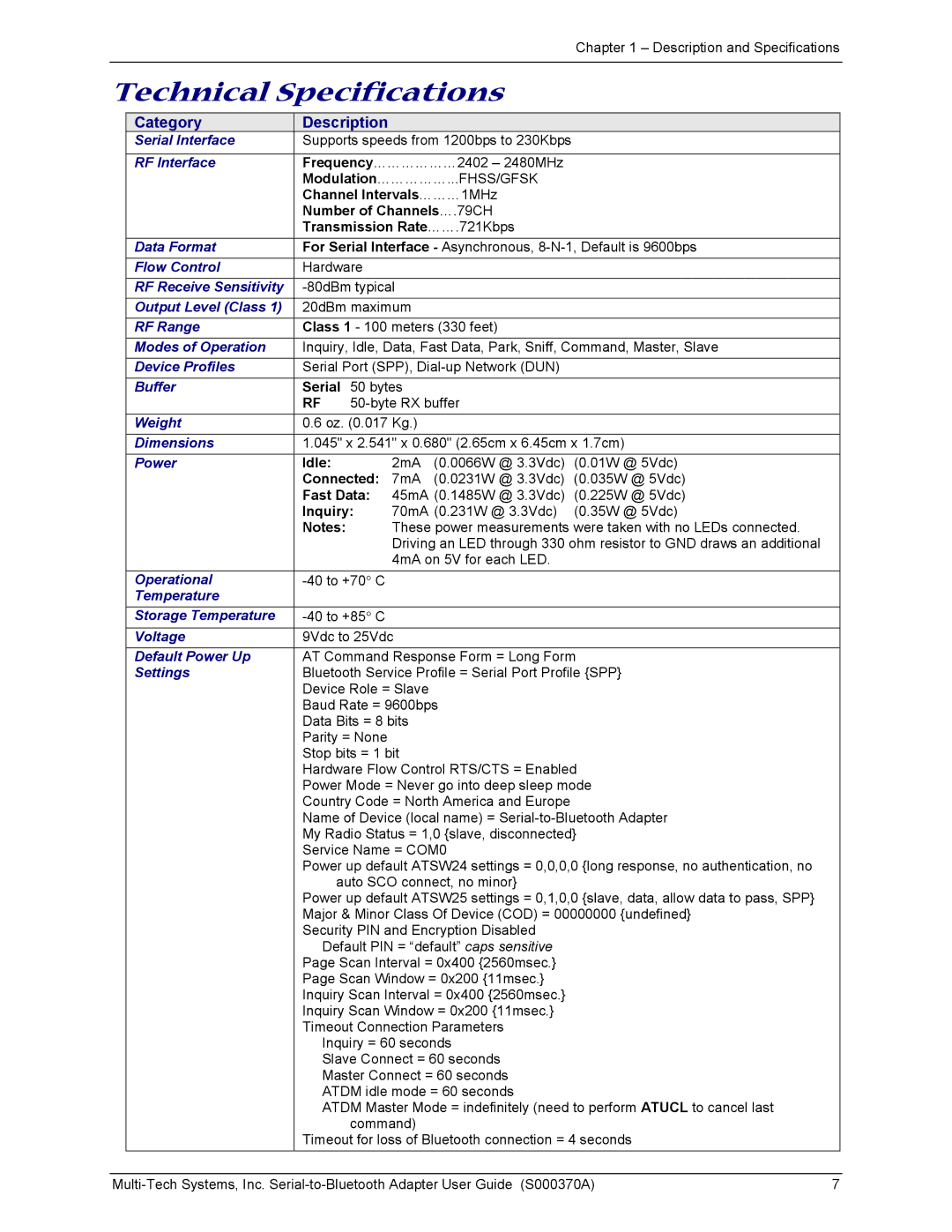 Multi-Tech Systems MTS2BTA manual Technical Specifications 