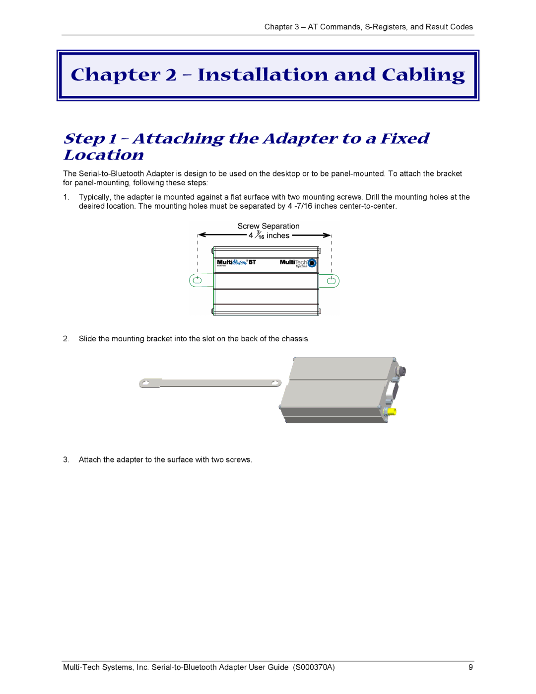 Multi-Tech Systems MTS2BTA manual Installation and Cabling, Attaching the Adapter to a Fixed Location 