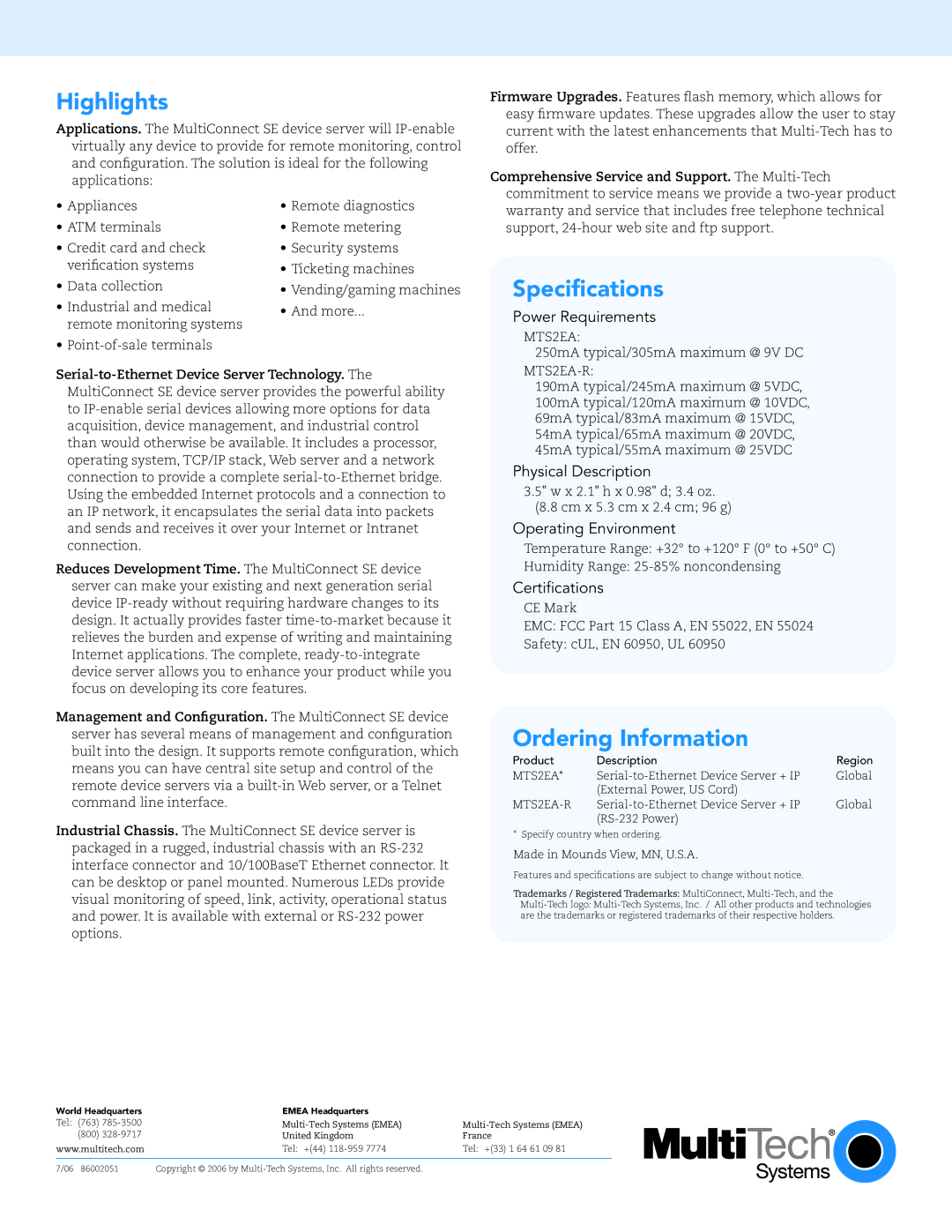 Multi-Tech Systems MTS2EA-R warranty Highlights, Speciﬁcations, Ordering Information 