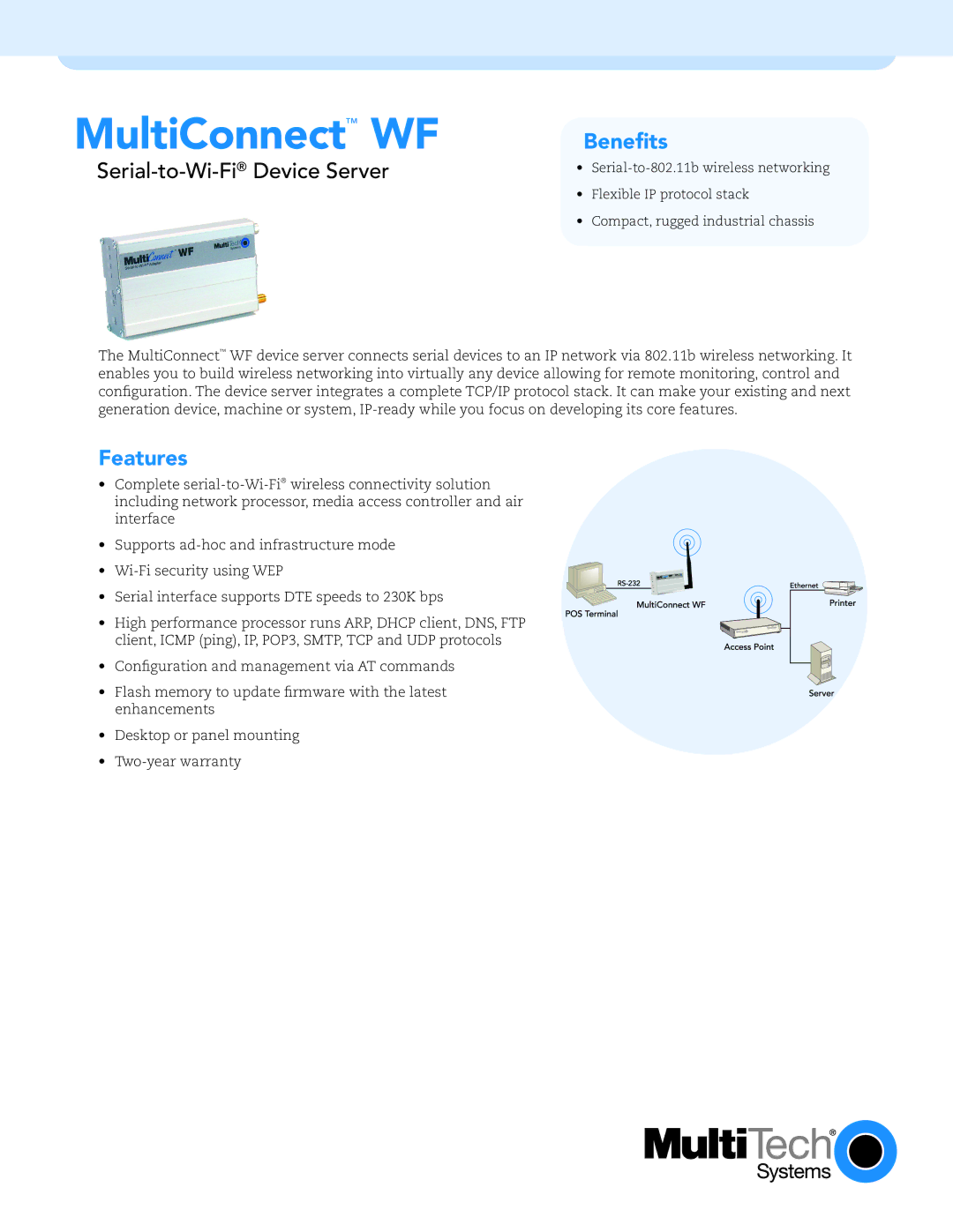 Multi-Tech Systems MTS2WFA-R warranty Benefits, Features 