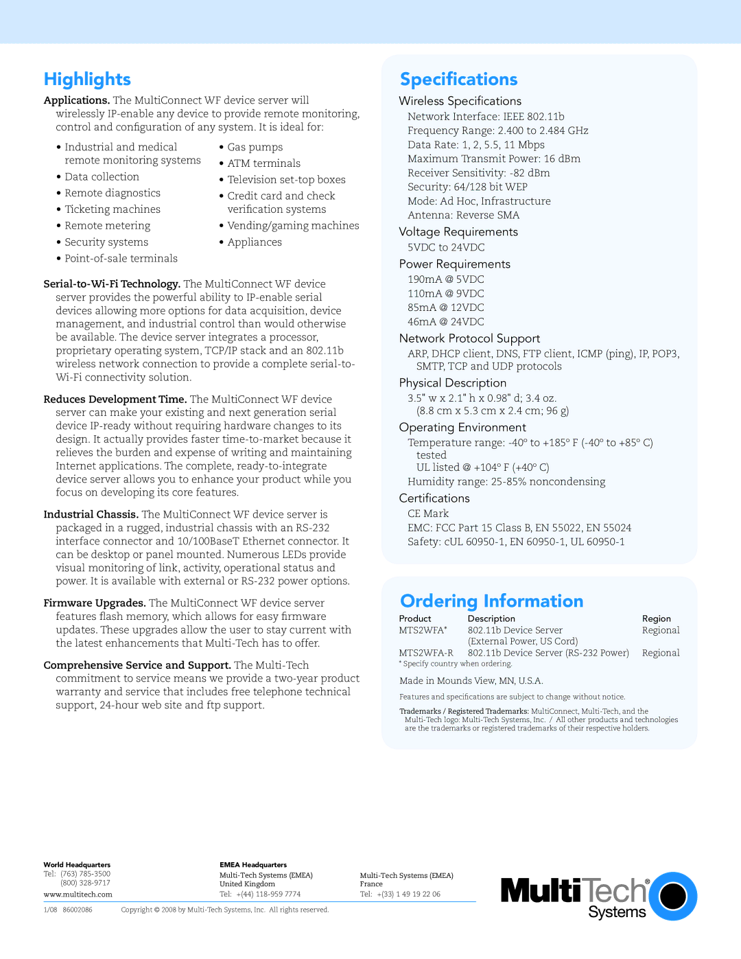 Multi-Tech Systems MTS2WFA-R warranty Highlights, Specifications, Ordering Information 