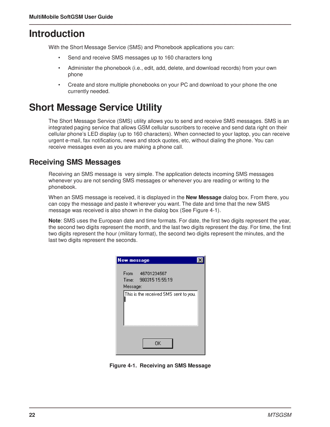 Multi-Tech Systems MTSGSM manual Short Message Service Utility, Receiving SMS Messages 