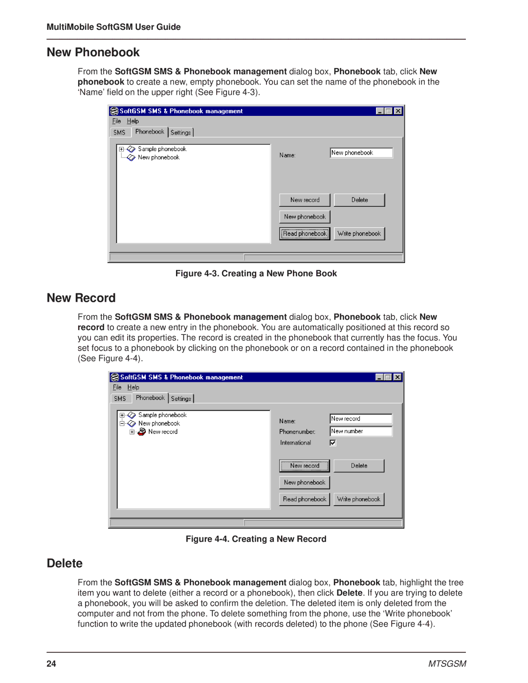 Multi-Tech Systems MTSGSM manual New Phonebook, New Record, Delete 