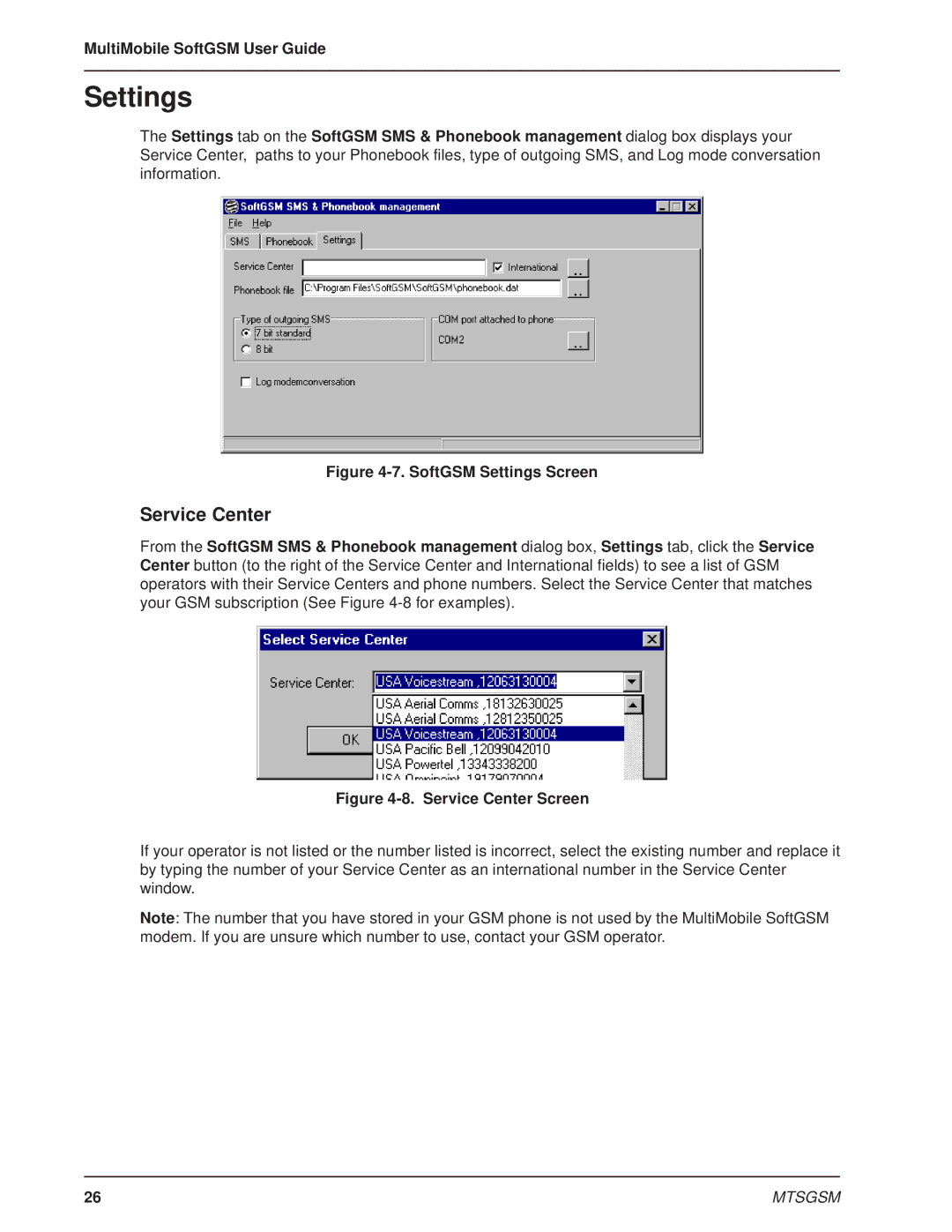 Multi-Tech Systems MTSGSM manual Settings, Service Center 