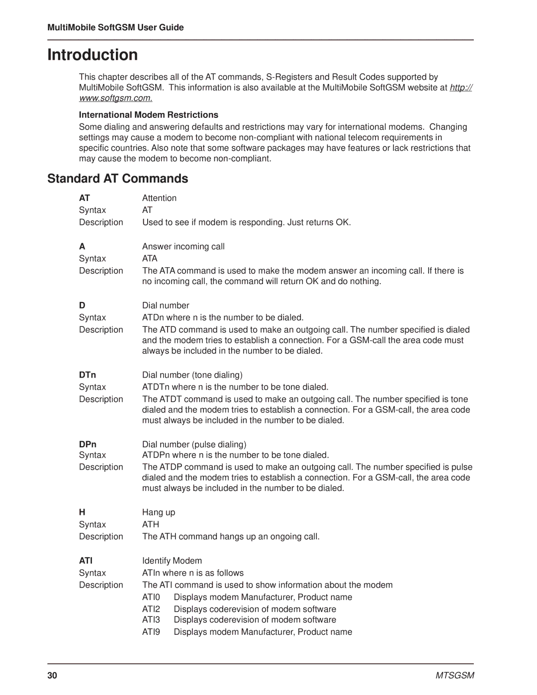 Multi-Tech Systems MTSGSM manual Standard AT Commands, International Modem Restrictions, DTn, DPn, Ati 