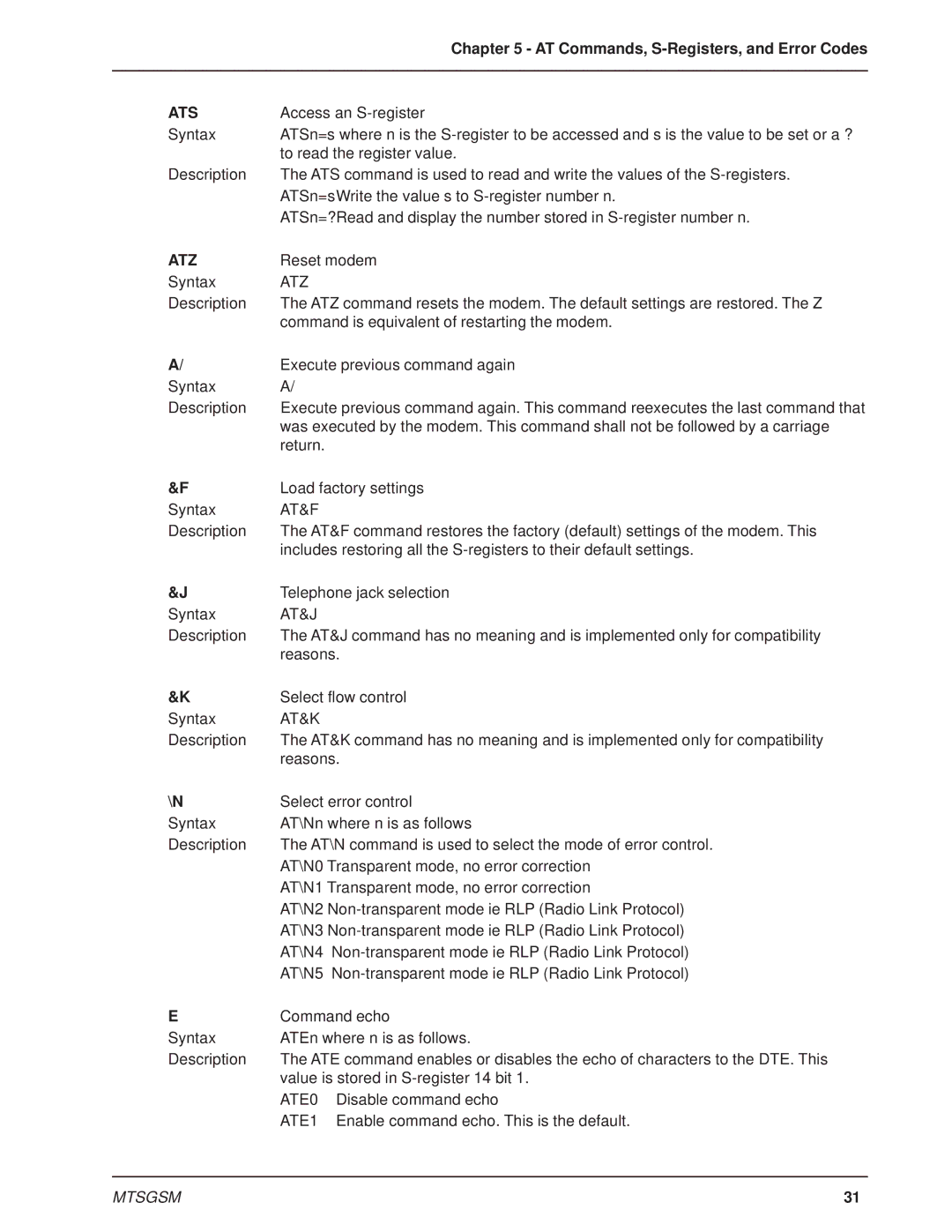 Multi-Tech Systems MTSGSM manual AT Commands, S-Registers, and Error Codes, Ats, Atz 