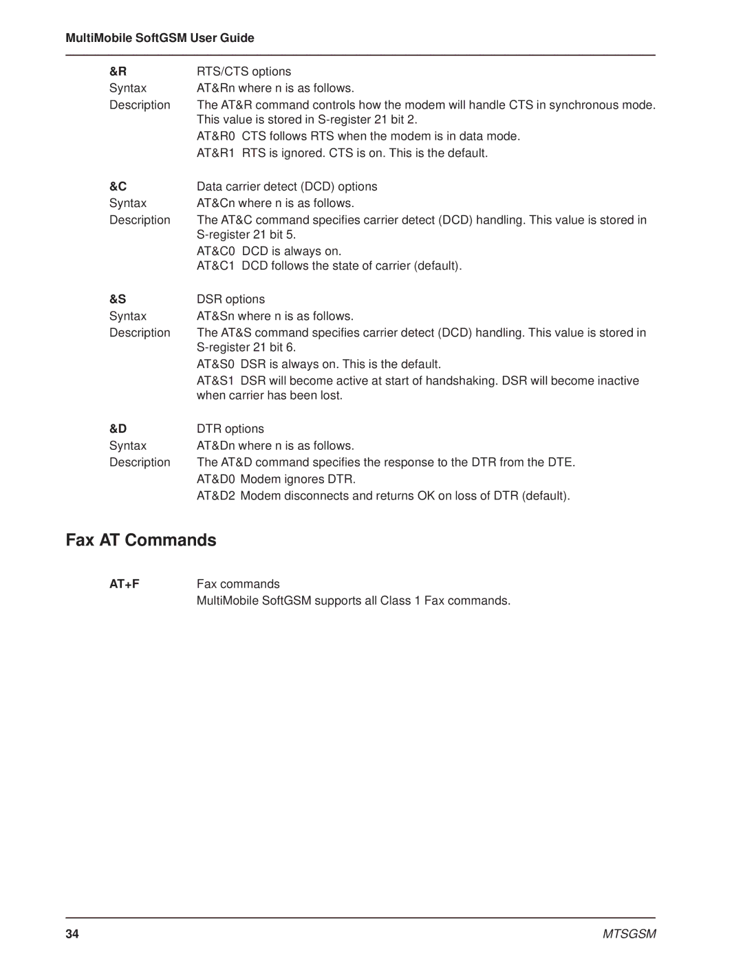 Multi-Tech Systems MTSGSM manual Fax AT Commands, At+F 