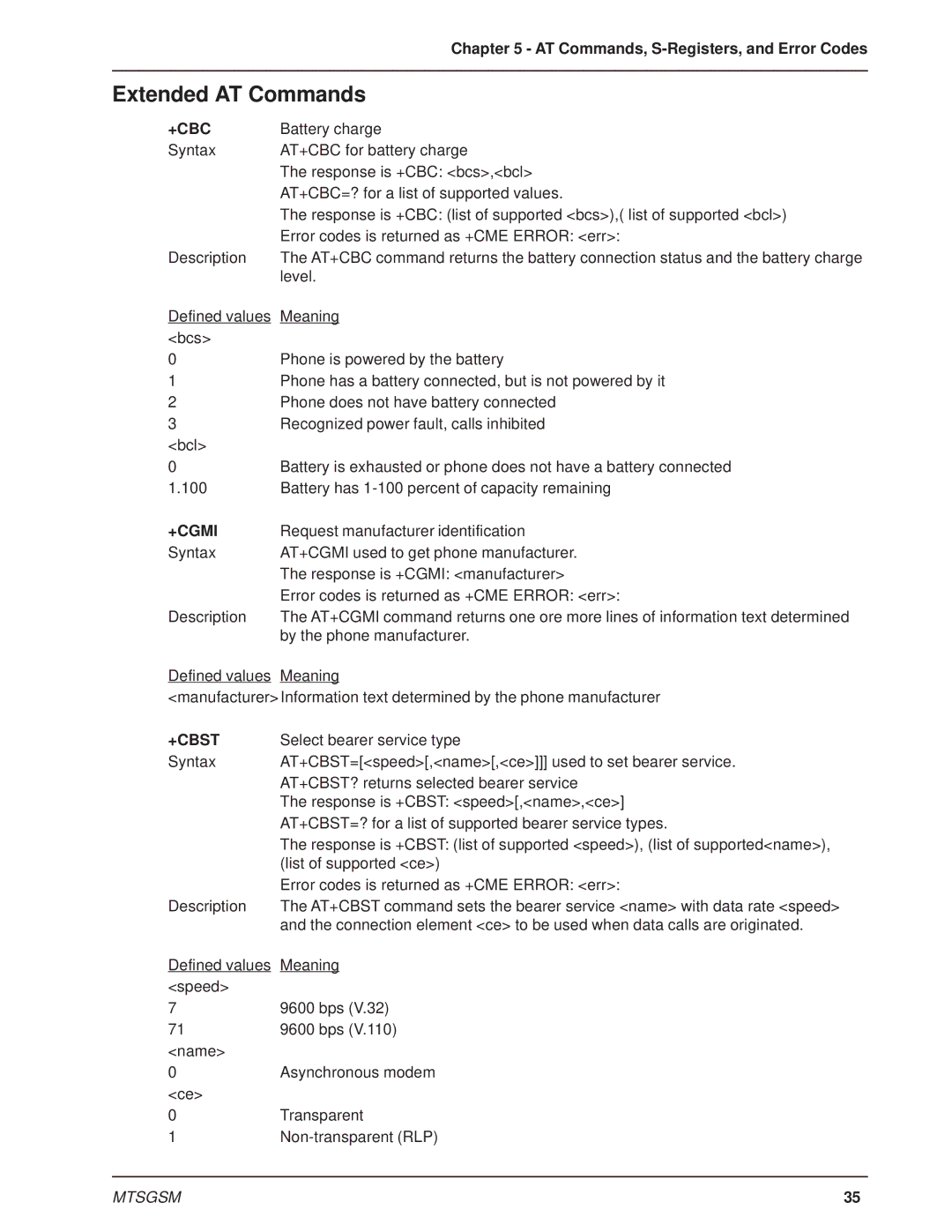 Multi-Tech Systems MTSGSM manual Extended AT Commands, +Cbc, +Cgmi, +Cbst 