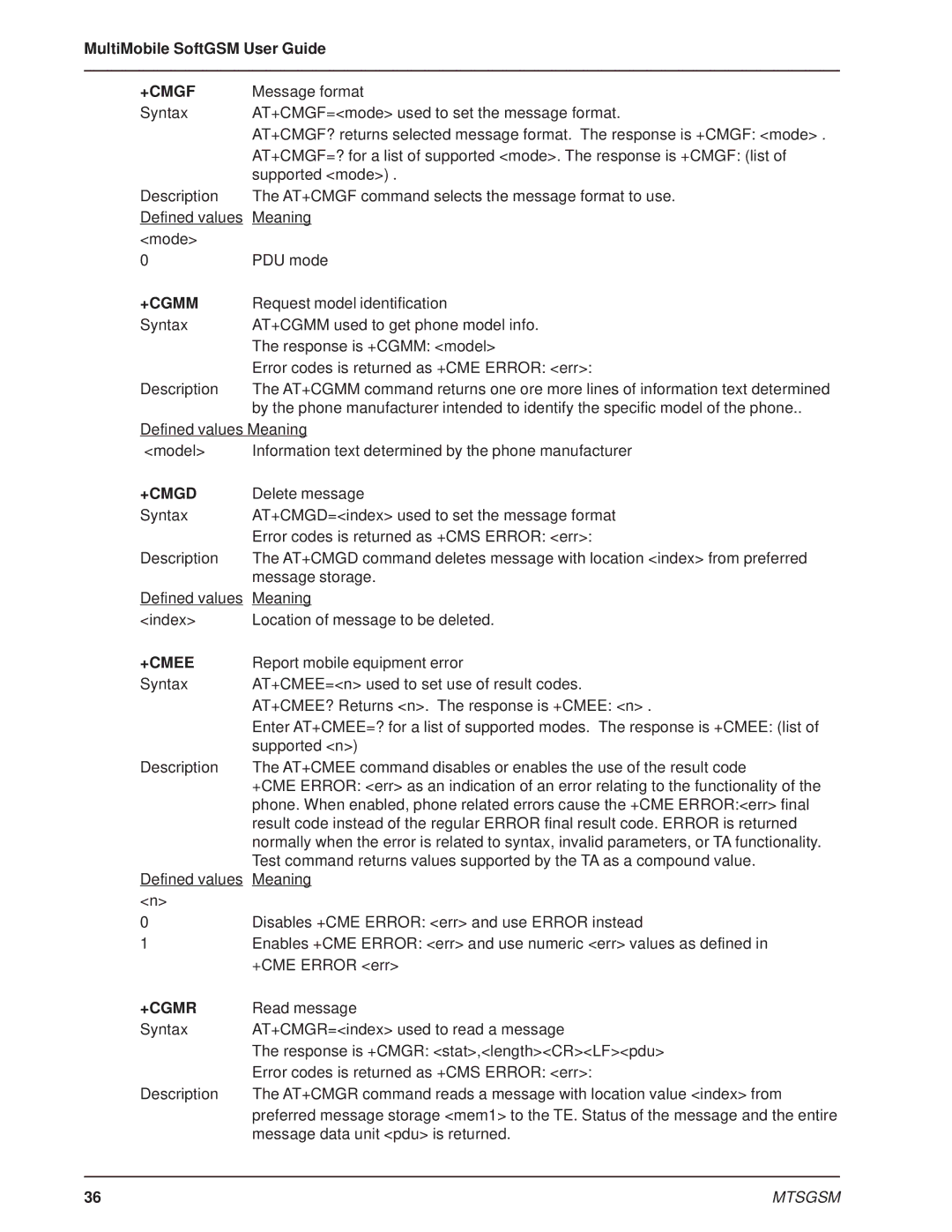 Multi-Tech Systems MTSGSM manual +Cmgf, +Cgmm, +Cmgd, +Cmee, +Cgmr 