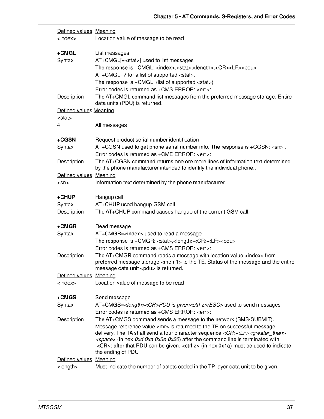 Multi-Tech Systems MTSGSM manual +Cmgl, +Cgsn, +Chup, +Cmgr, +Cmgs 