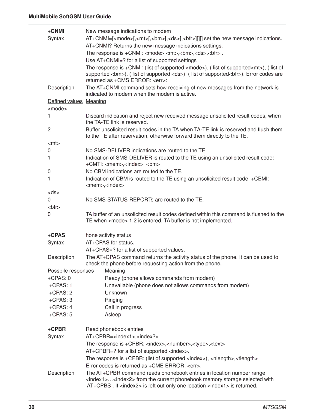 Multi-Tech Systems MTSGSM manual +Cnmi, +Cpas, +Cpbr 