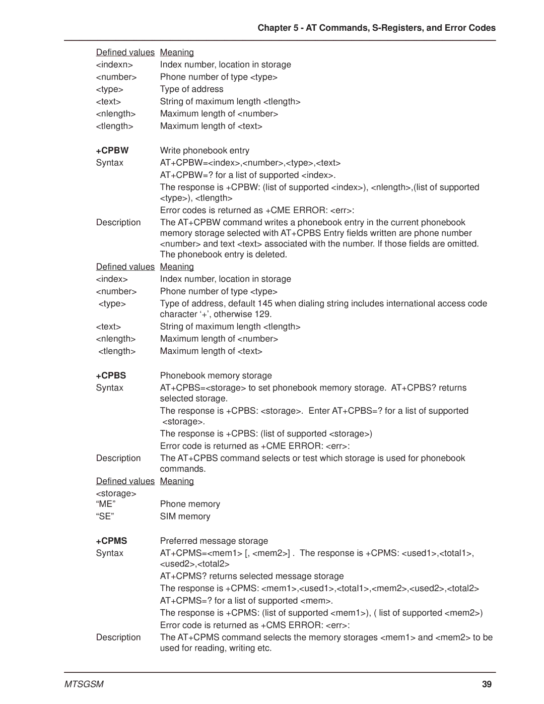 Multi-Tech Systems MTSGSM manual +Cpbw, +Cpbs, +Cpms 