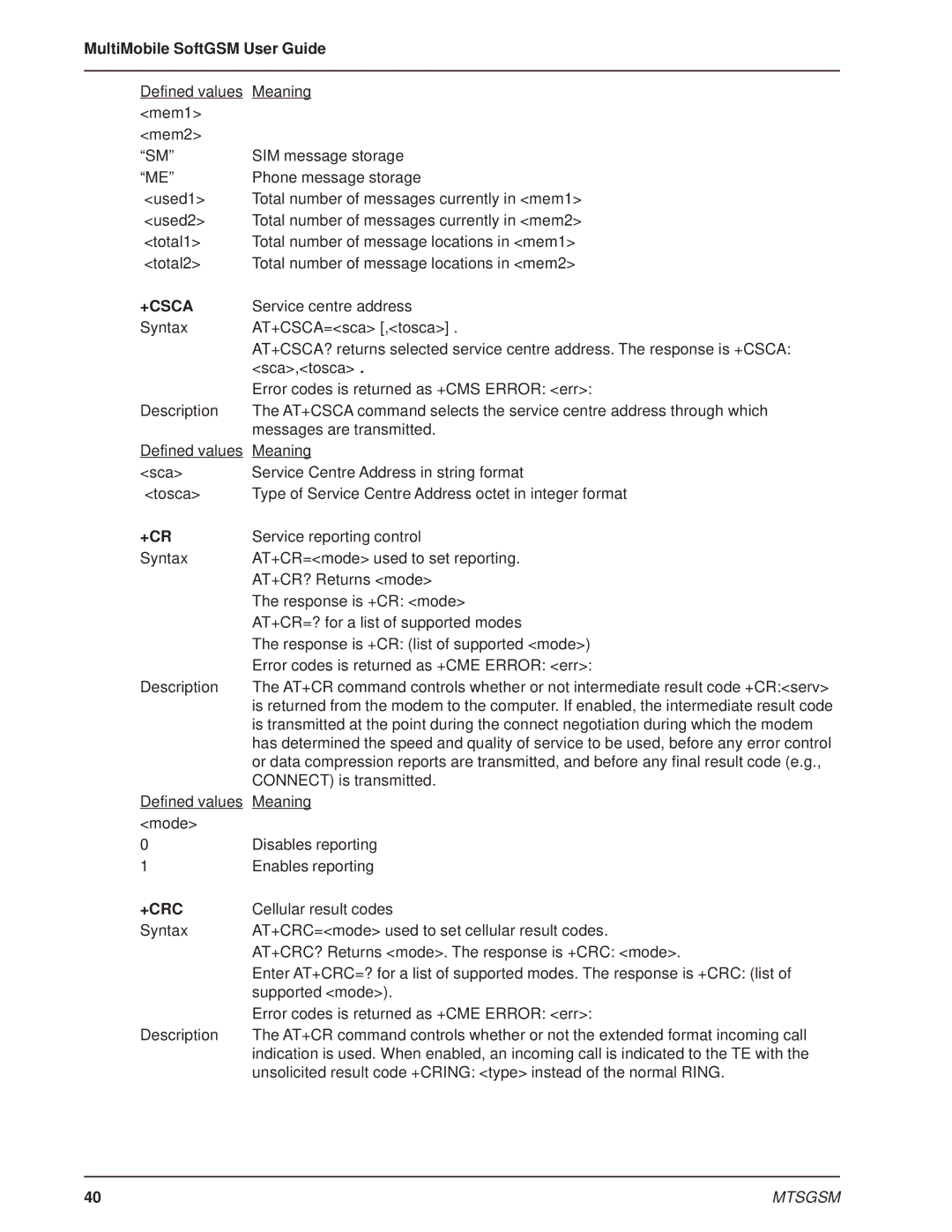 Multi-Tech Systems MTSGSM manual +Csca, +Crc 