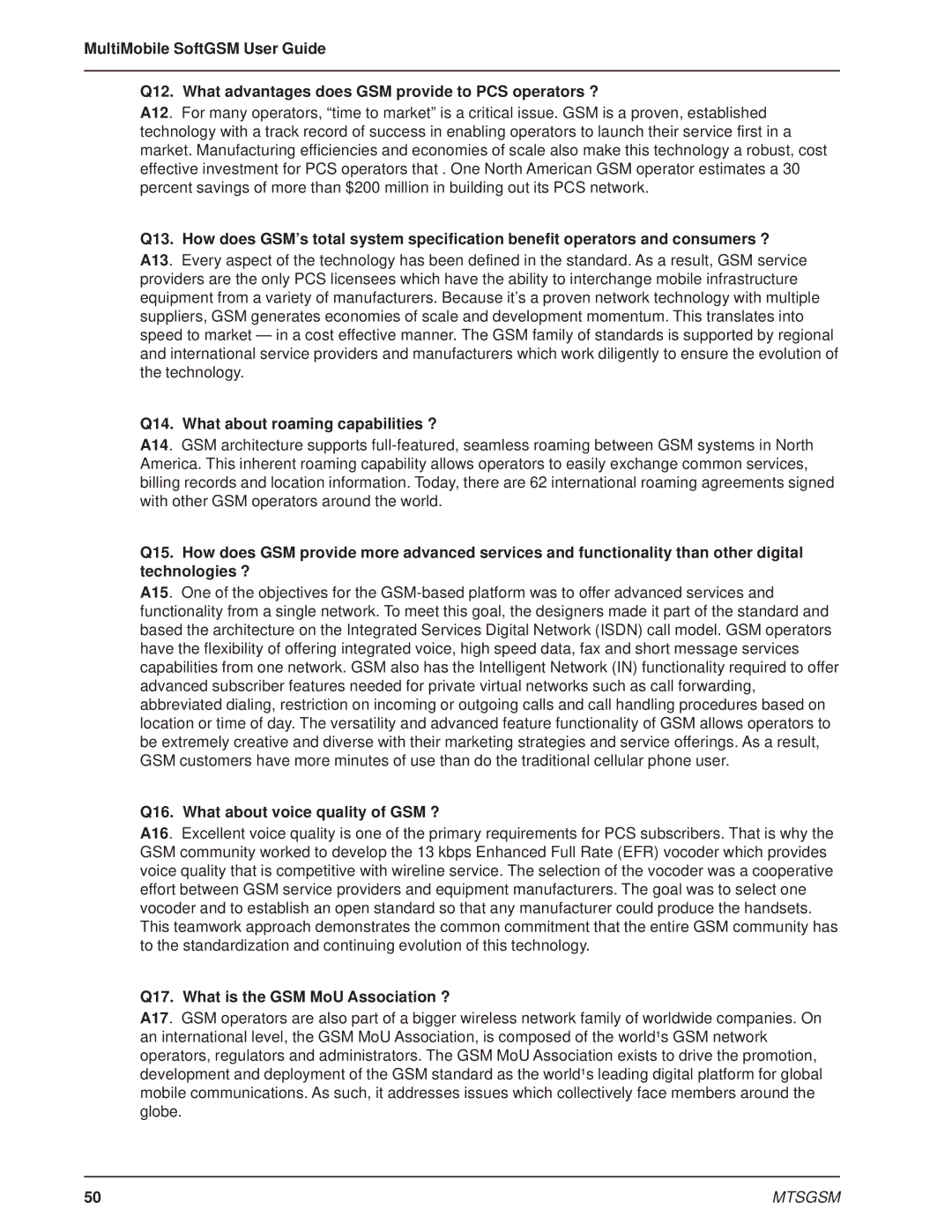 Multi-Tech Systems MTSGSM manual Q14. What about roaming capabilities ?, Q16. What about voice quality of GSM ? 