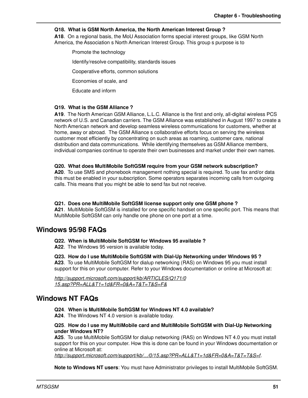 Multi-Tech Systems MTSGSM manual Windows 95/98 FAQs, Windows NT FAQs, Q19. What is the GSM Alliance ? 