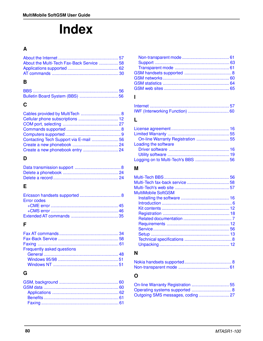 Multi-Tech Systems MTSGSM manual Index 