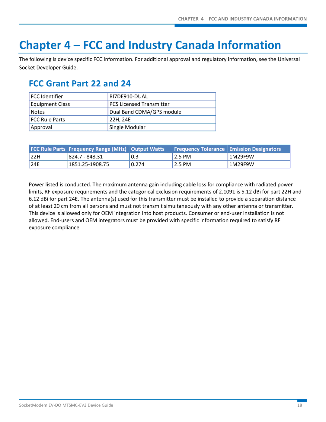 Multi-Tech Systems MTSMC-EV3 manual FCC and Industry Canada Information, FCC Grant Part 22, RI7DE910-DUAL, Output Watts 