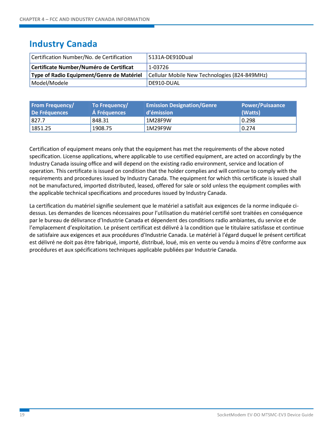 Multi-Tech Systems MTSMC-EV3 manual Industry Canada, DE910-DUAL 