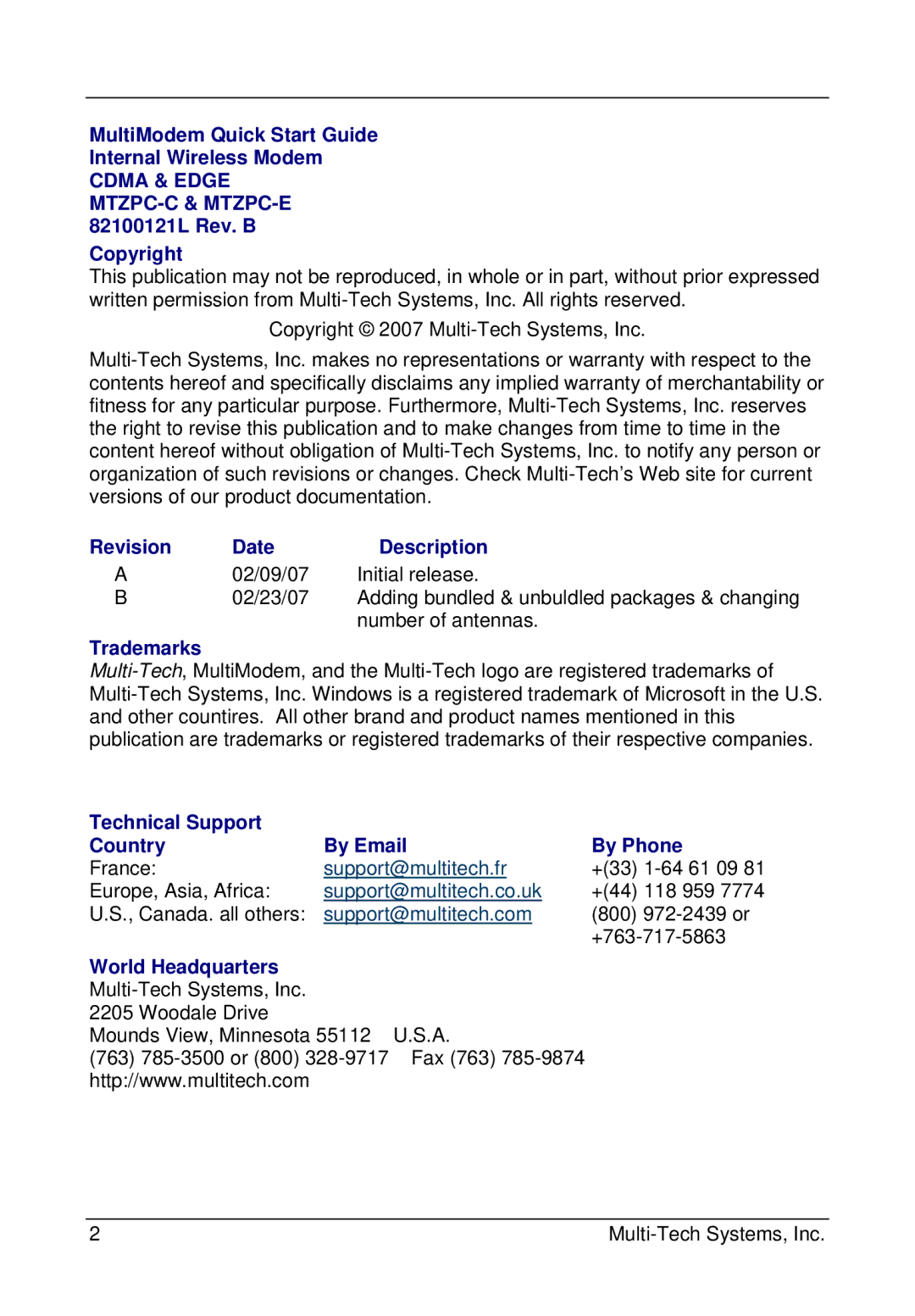 Multi-Tech Systems MTZPC-C MultiModem Quick Start Guide Internal Wireless Modem, 82100121L Rev. B Copyright, Revision Date 