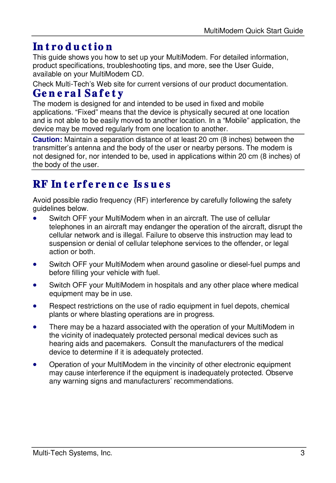 Multi-Tech Systems MTZPC-C quick start Introduction, General Safety, RF Interference Issues 