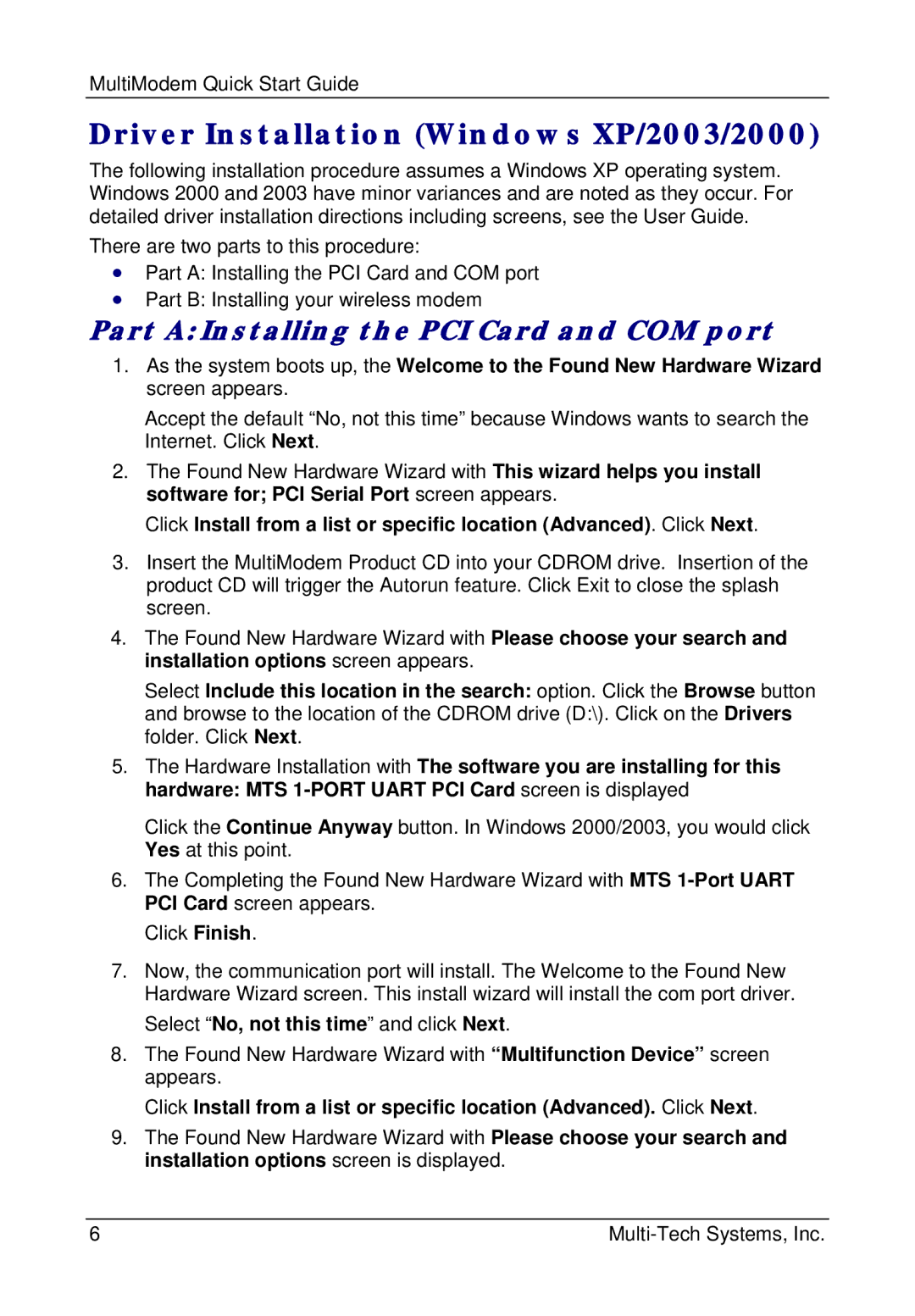 Multi-Tech Systems MTZPC-C Driver Installation Windows XP/2003/2000, Part a Installing the PCI Card and COM port 