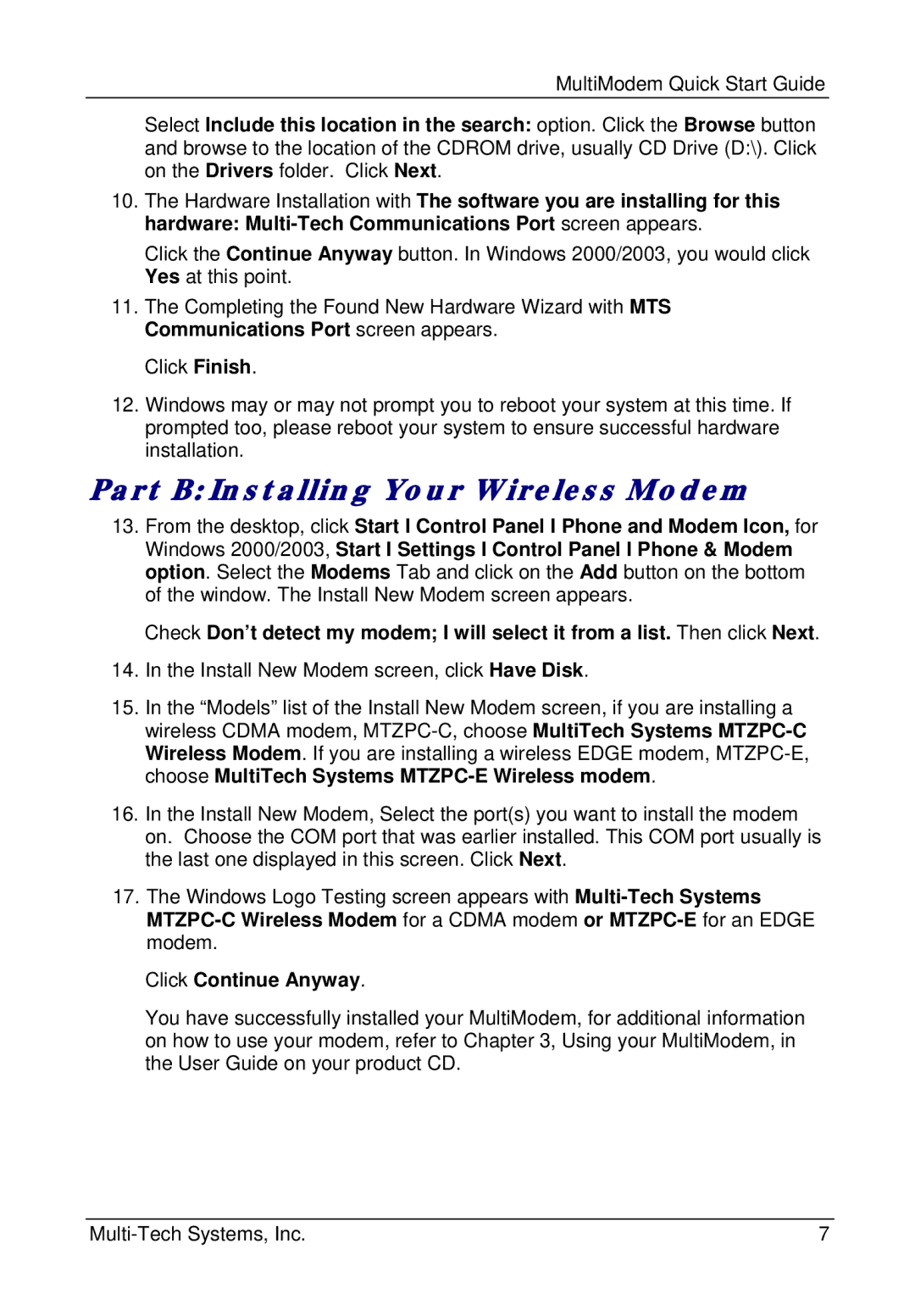 Multi-Tech Systems MTZPC-C quick start Part B Installing Your Wireless Modem, Click Continue Anyway 