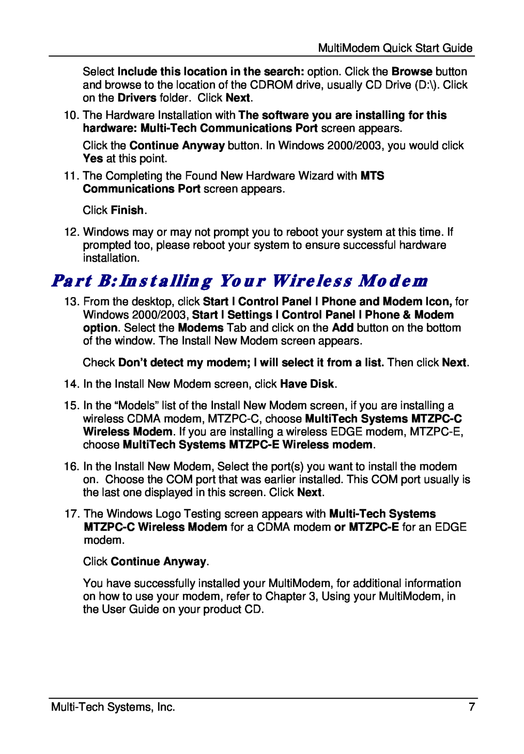Multi-Tech Systems MTZPC-C quick start Part B Installing Your Wireless Modem 