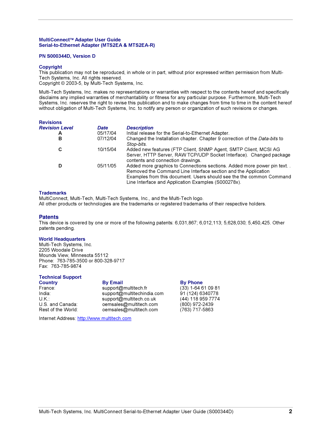 Multi-Tech Systems MultiConnect Adapter Serial-to-Ethernet Adapter with IP Revisions, Revision Level Date Description 