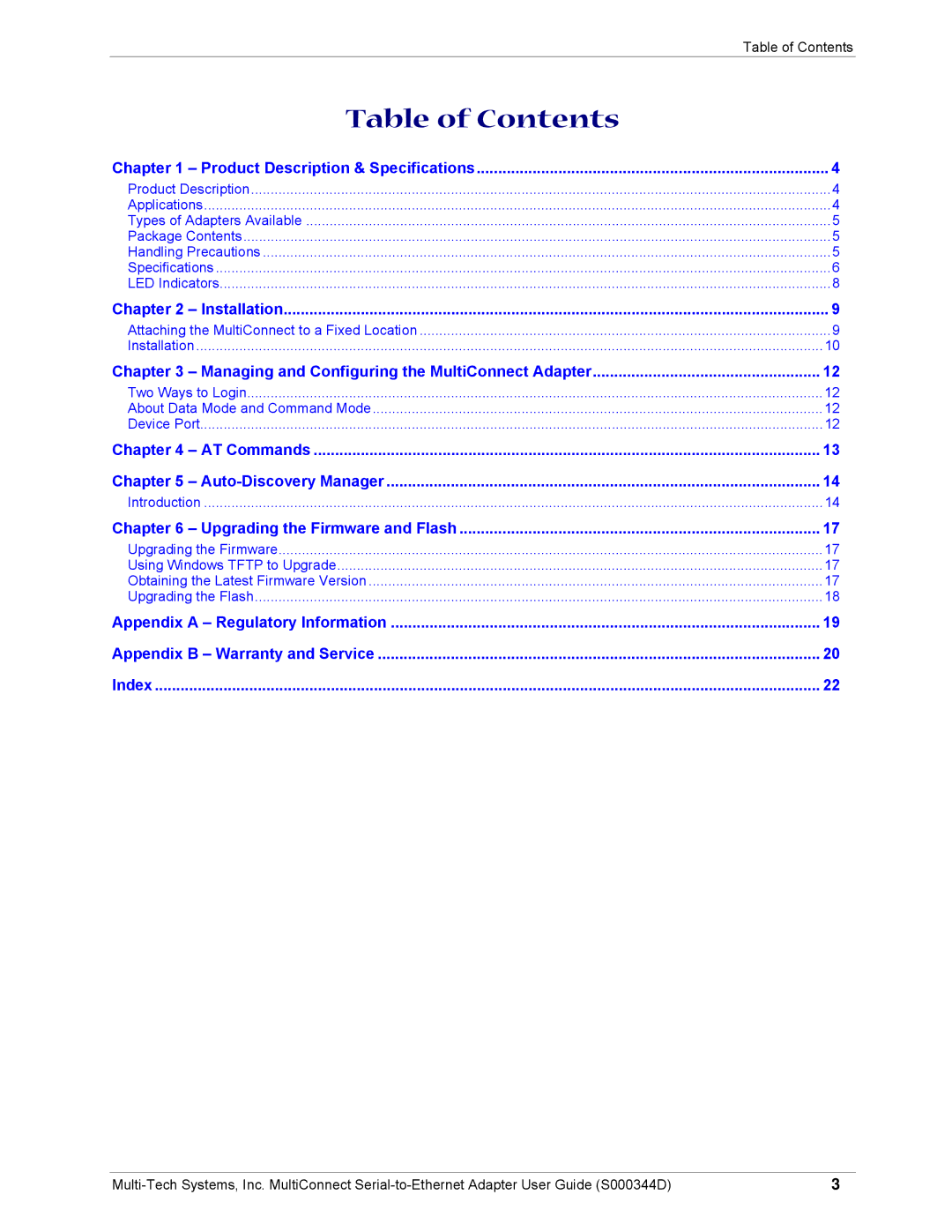 Multi-Tech Systems MultiConnect Adapter Serial-to-Ethernet Adapter with IP manual Table of Contents 