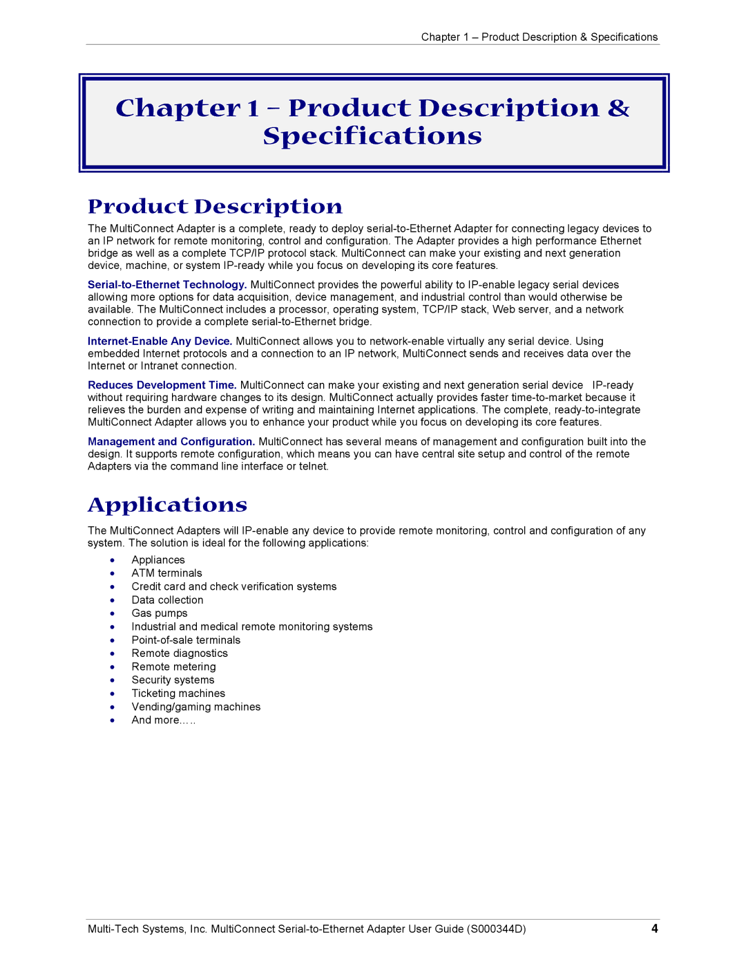 Multi-Tech Systems MultiConnect Adapter Serial-to-Ethernet Adapter with IP manual Product Description Specifications 