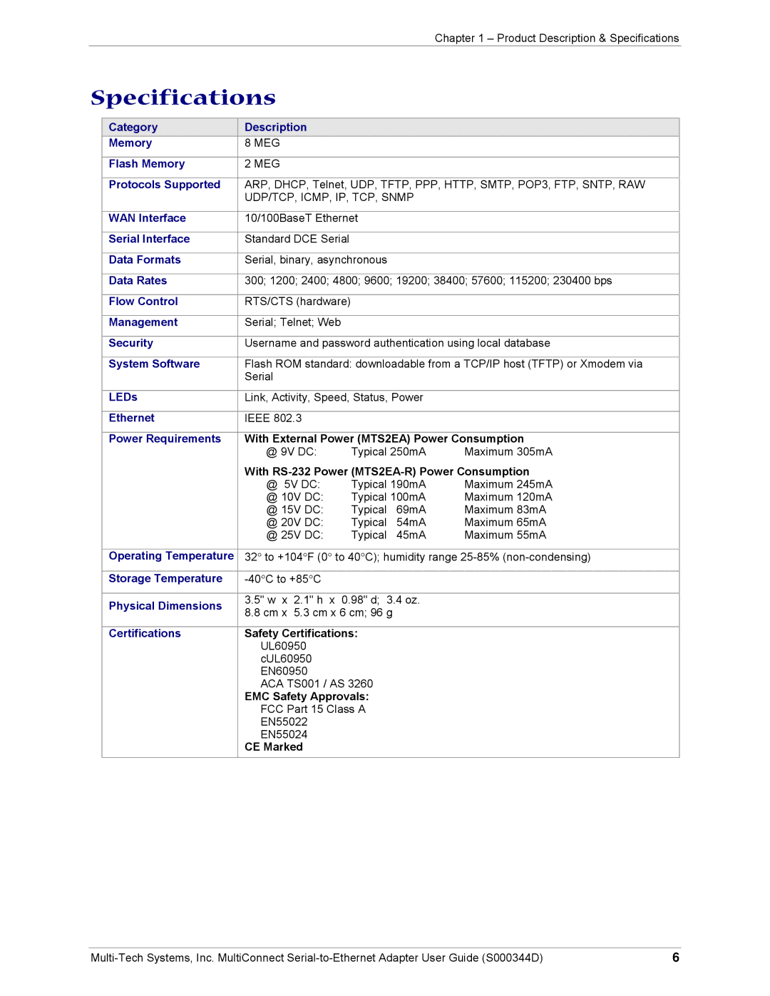 Multi-Tech Systems MultiConnect Adapter Serial-to-Ethernet Adapter with IP manual Specifications 