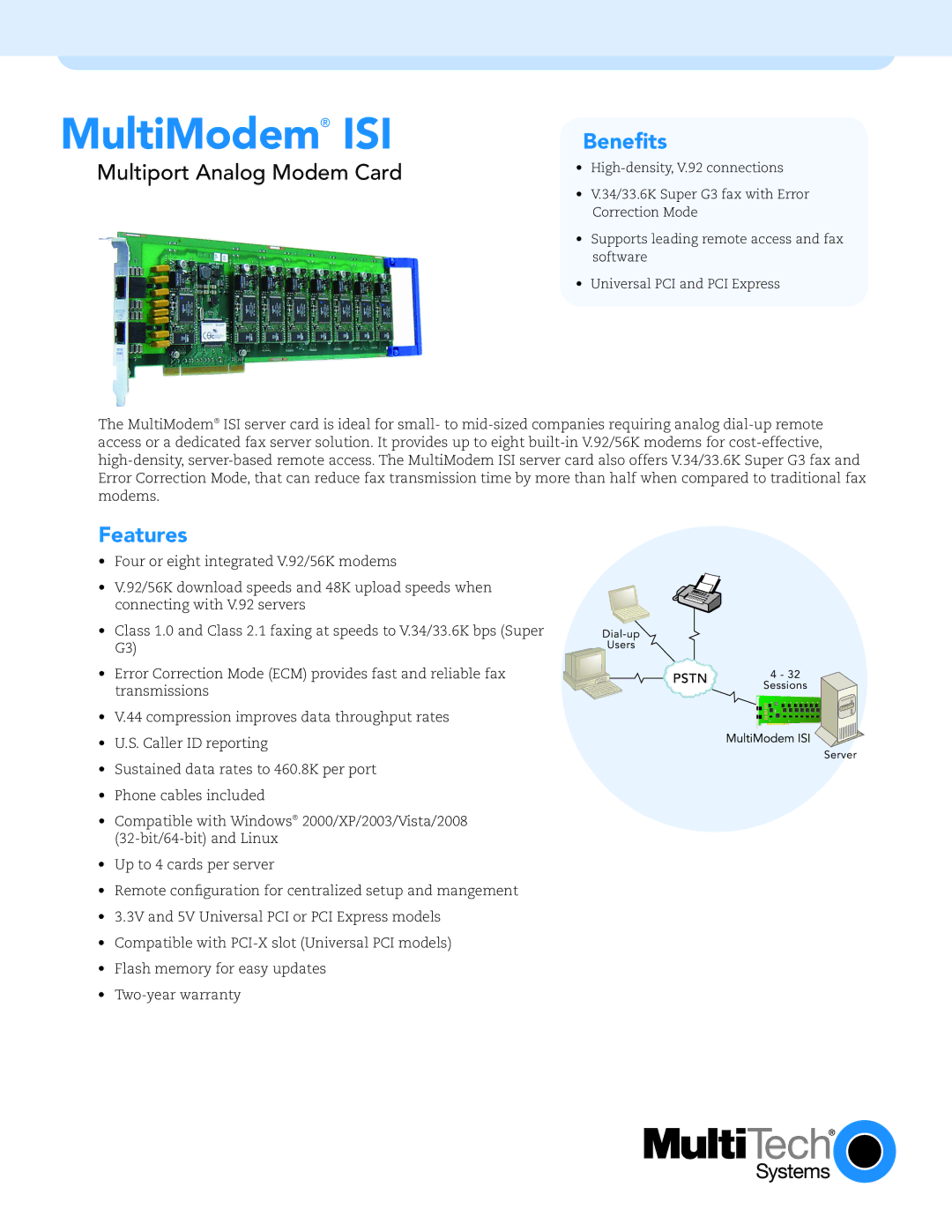 Multi-Tech Systems MultiModem ISI warranty Benefits, Features 