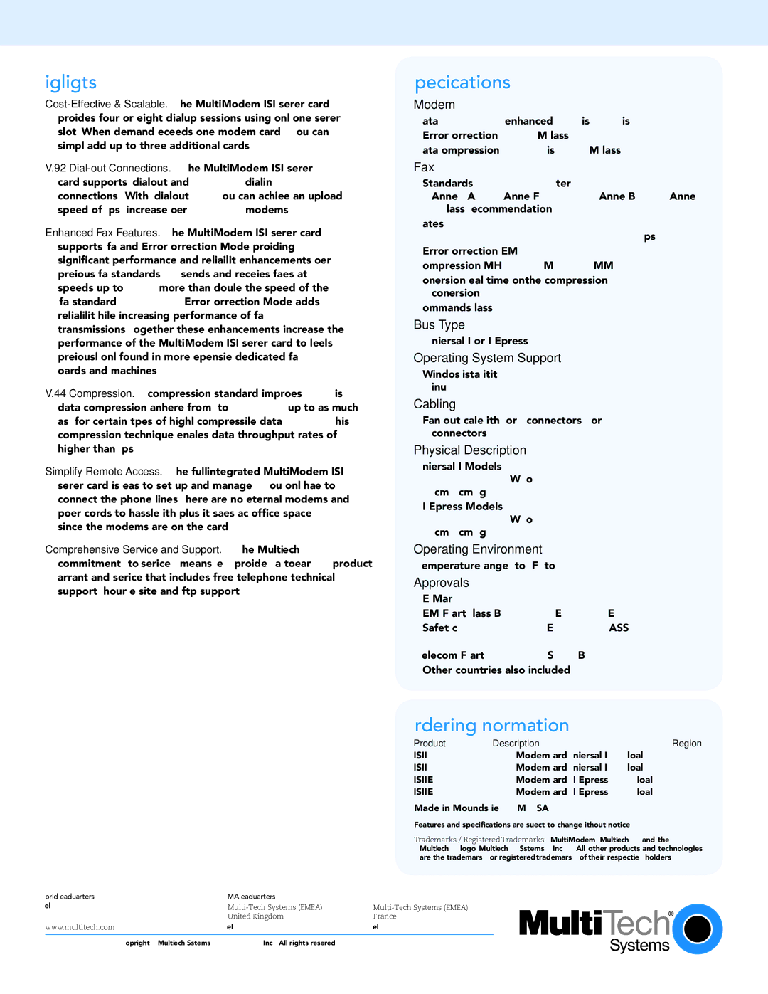 Multi-Tech Systems MultiModem ISI warranty Highlights, Specifications, Ordering Information 