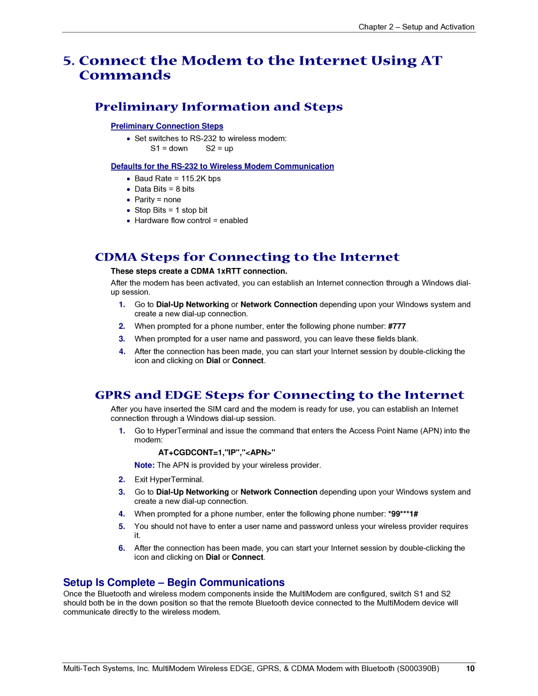 Multi-Tech Systems MultiModem manual Connect the Modem to the Internet Using AT Commands, Preliminary Information and Steps 