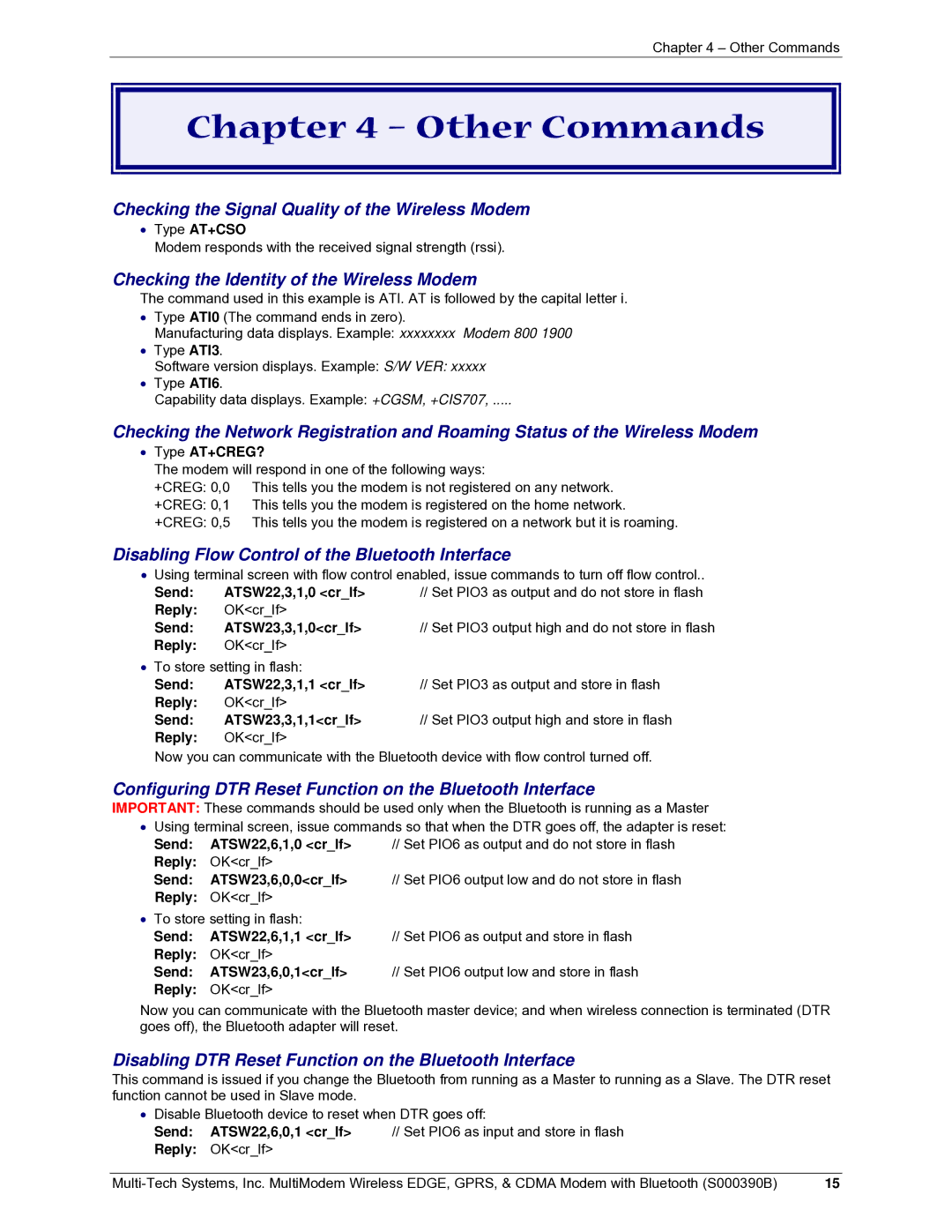 Multi-Tech Systems MultiModem manual Other Commands, Type AT+CSO, Type AT+CREG?, Reply OKcrlf 