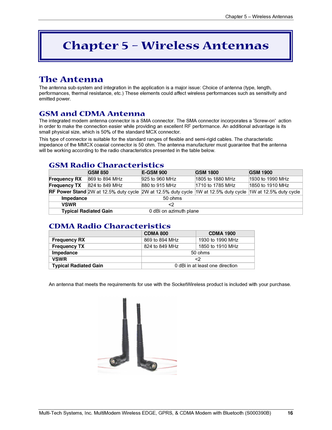 Multi-Tech Systems MultiModem manual Wireless Antennas, GSM and Cdma Antenna, GSM Radio Characteristics 