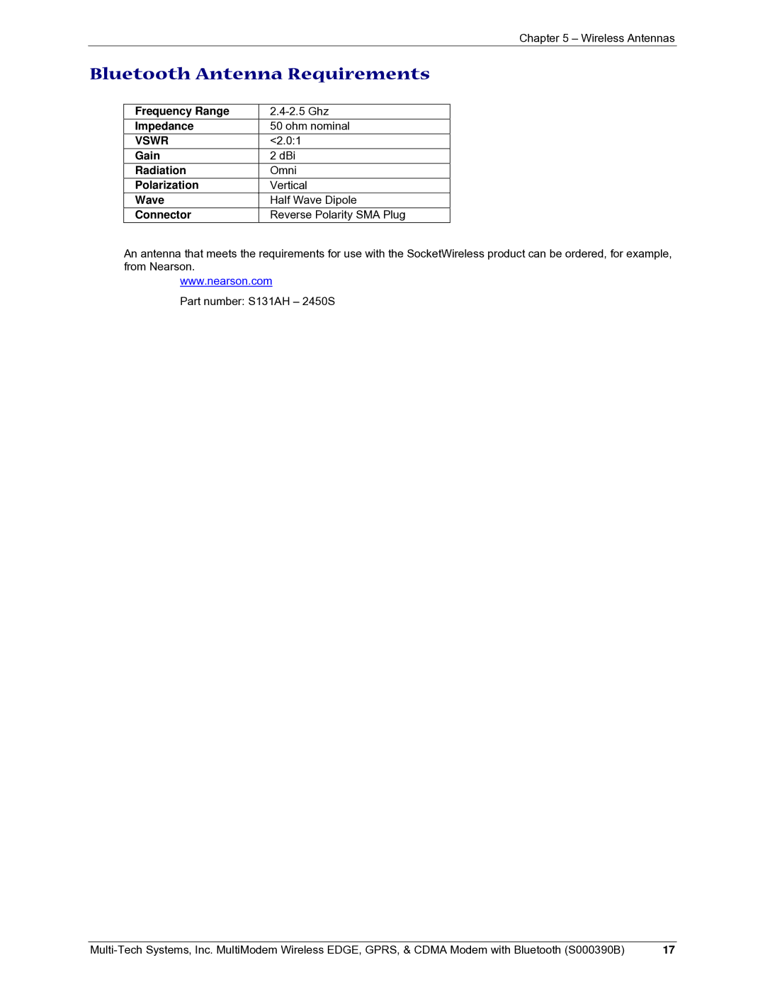 Multi-Tech Systems MultiModem manual Bluetooth Antenna Requirements 