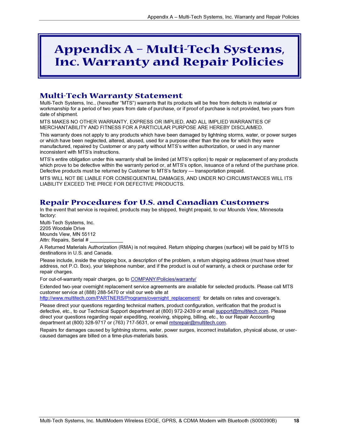 Multi-Tech Systems MultiModem manual Multi-Tech Warranty Statement, Repair Procedures for U.S. and Canadian Customers 