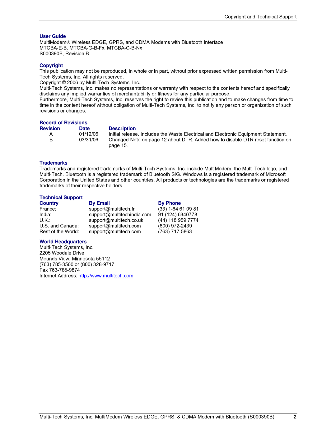 Multi-Tech Systems MultiModem manual User Guide, Copyright, Record of Revisions Revision Date Description, Trademarks 