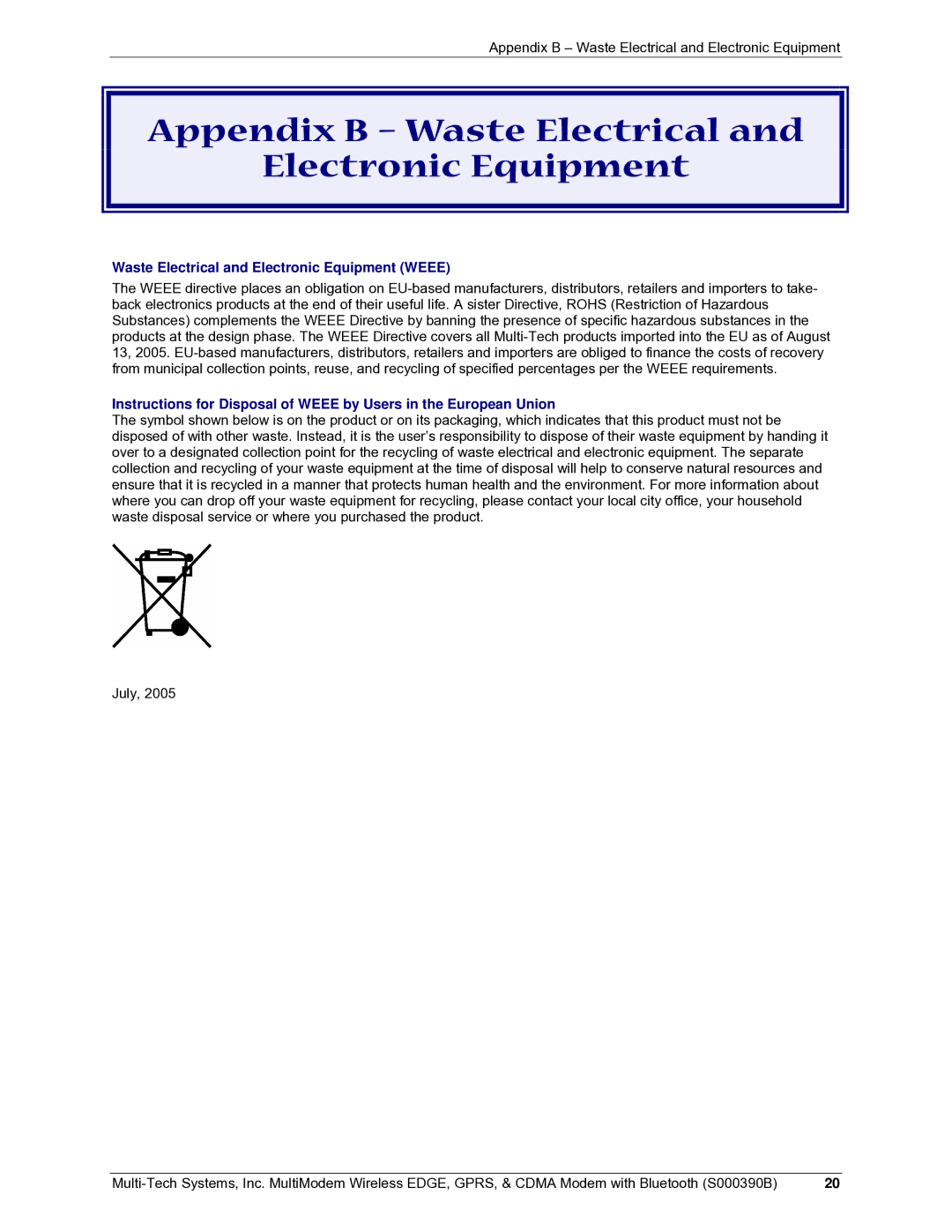 Multi-Tech Systems MultiModem manual Appendix B Waste Electrical Electronic Equipment 