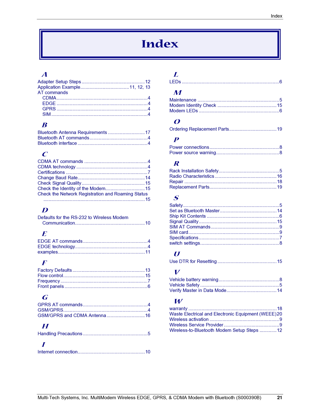 Multi-Tech Systems MultiModem manual Index, AT commands 