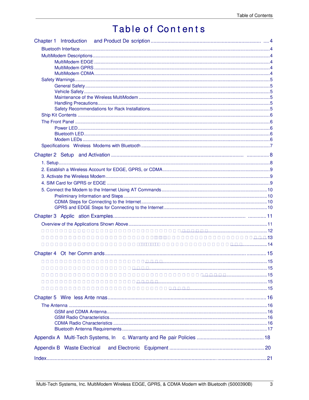 Multi-Tech Systems MultiModem manual Table of Contents 