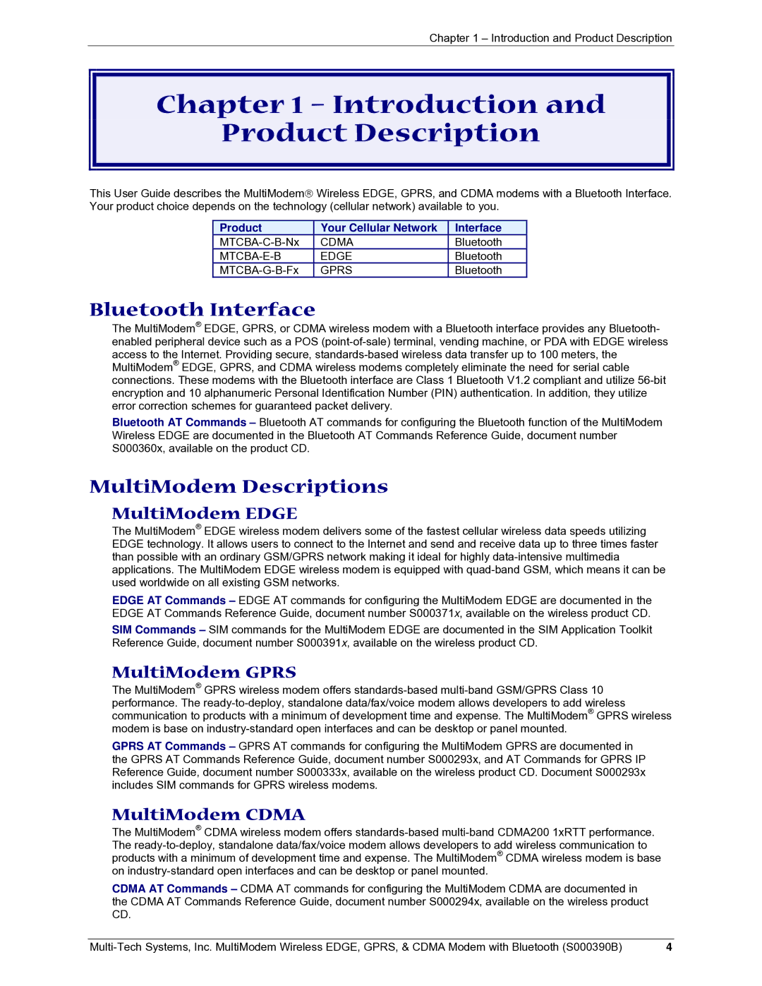 Multi-Tech Systems manual Introduction Product Description, Bluetooth Interface, MultiModem Descriptions 