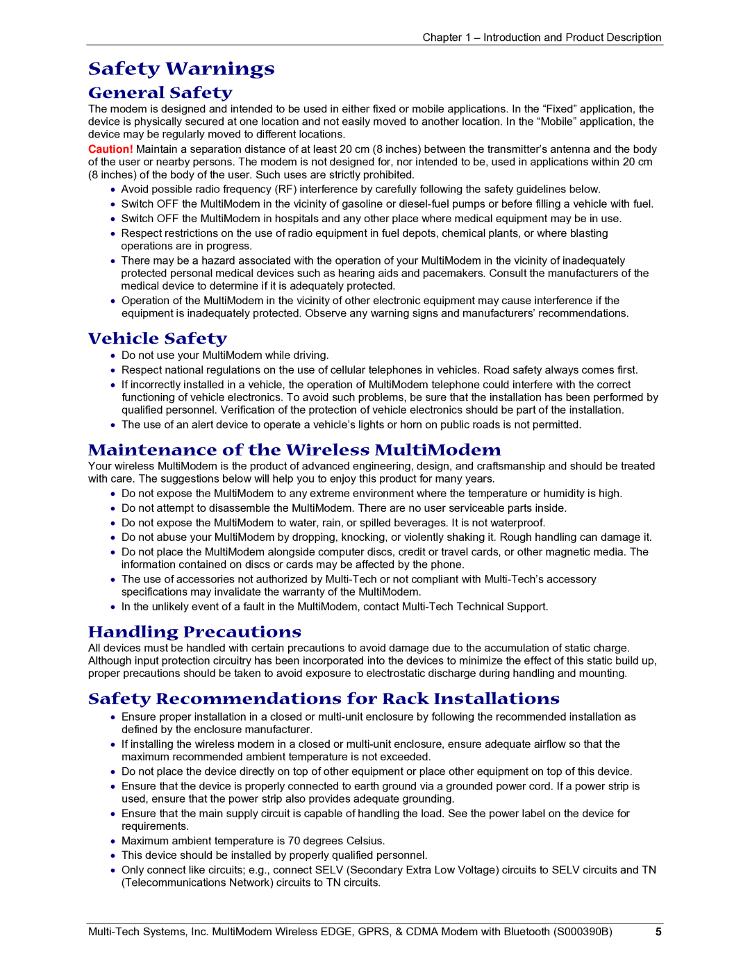 Multi-Tech Systems MultiModem manual Safety Warnings 