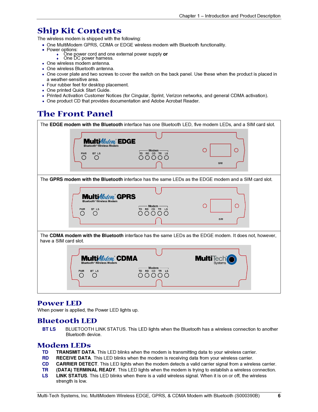 Multi-Tech Systems MultiModem manual Ship Kit Contents, Front Panel 