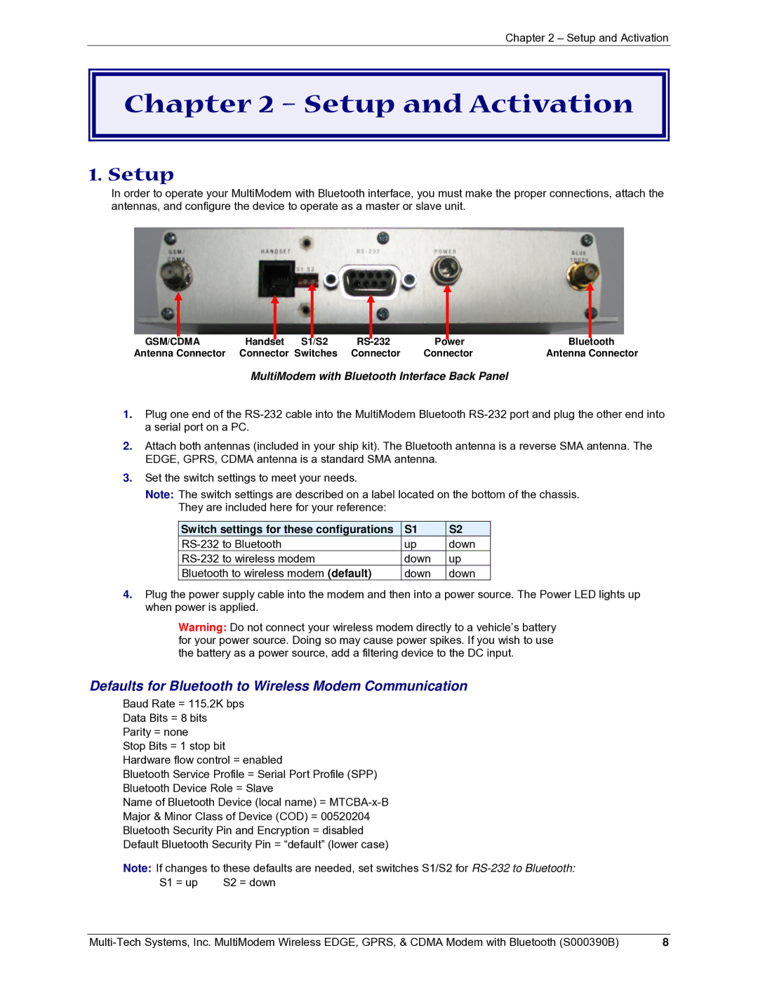 Multi-Tech Systems MultiModem manual Setup and Activation, Switch settings for these configurations 