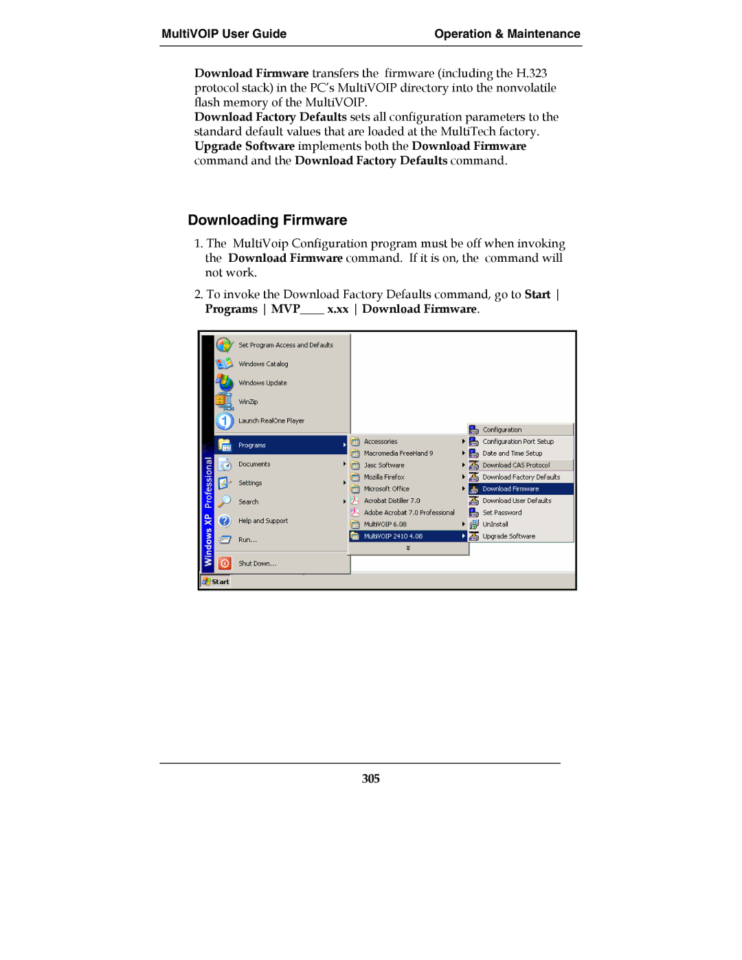 Multi-Tech Systems E1, MultiVOIPTM, MVP-2410, MVP-3010 manual Downloading Firmware, 305 